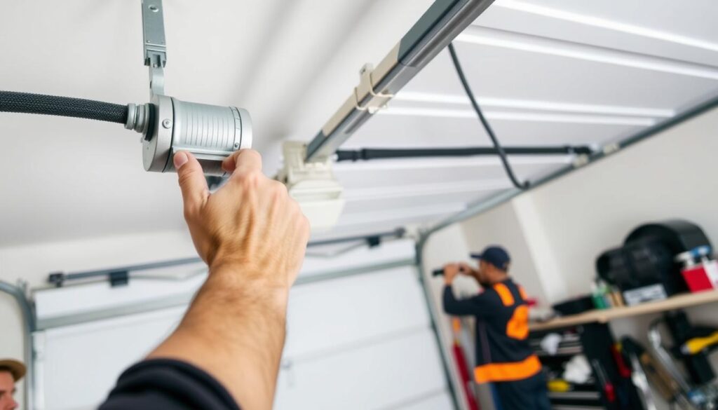 A bright, well-lit garage interior with a focus on the overhead door and its components. In the foreground, a technician's hands expertly adjusting the tension on a garage door roller. In the middle ground, the door's cable system is clearly visible, with the technician inspecting and preparing to repair any issues. The background showcases the neatly organized tools and supplies needed for comprehensive garage door maintenance and repair services. The scene conveys a sense of professionalism and attention to detail, reflecting the high-quality workmanship expected for the "Detailed Garage Door Repair Prices in Roodepoort for Every Service". A bright, well-lit garage interior with a focus on the overhead door and its components. In the foreground, a technician's hands expertly adjusting the tension on a garage door roller. In the middle ground, the door's cable system is clearly visible, with the technician inspecting and preparing to repair any issues. The background showcases the neatly organized tools and supplies needed for comprehensive garage door maintenance and repair services. The scene conveys a sense of professionalism and attention to detail, reflecting the high-quality workmanship expected for the "Detailed Garage Door Repair Prices in Roodepoort for Every Service".