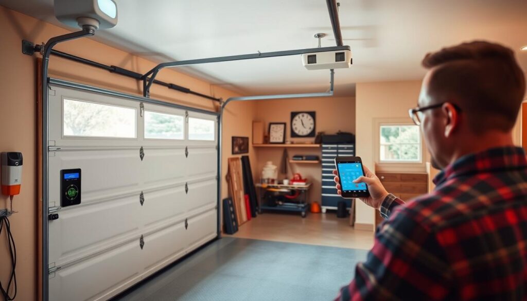 A bright, well-lit garage interior with a sleek, modern smart garage door system prominently displayed. The door features clean lines, seamless integration, and advanced automation controls. In the foreground, a homeowner examines the control panel, demonstrating the user-friendly interface. The middle ground showcases the door's sophisticated mechanisms and sensors, highlighting the technical sophistication. The background reveals a tidy, organized garage space, emphasizing the convenience and efficiency of the smart conversion. Warm, natural lighting casts a welcoming glow, and the overall atmosphere conveys a sense of technological innovation and improved home automation. A bright, well-lit garage interior with a sleek, modern smart garage door system prominently displayed. The door features clean lines, seamless integration, and advanced automation controls. In the foreground, a homeowner examines the control panel, demonstrating the user-friendly interface. The middle ground showcases the door's sophisticated mechanisms and sensors, highlighting the technical sophistication. The background reveals a tidy, organized garage space, emphasizing the convenience and efficiency of the smart conversion. Warm, natural lighting casts a welcoming glow, and the overall atmosphere conveys a sense of technological innovation and improved home automation.