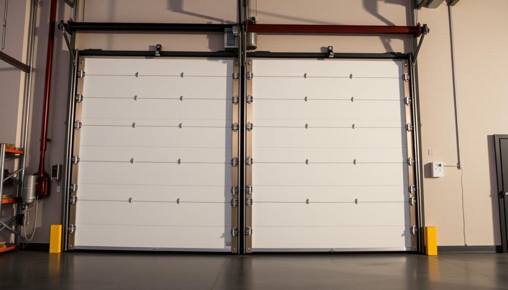 A commercial sectional door, its mechanical components and pricing factors, against a backdrop of a clean, well-lit warehouse or showroom interior. The door should be depicted in a 3/4 view, with attention to details like the panels, hinges, pulleys, and torsion springs. The lighting should be directional, casting subtle shadows to highlight the dimensional aspects. The scene should convey a sense of professionalism, functionality and attention to detail, reflecting the subject matter of commercial door pricing. A commercial sectional door, its mechanical components and pricing factors, against a backdrop of a clean, well-lit warehouse or showroom interior. The door should be depicted in a 3/4 view, with attention to details like the panels, hinges, pulleys, and torsion springs. The lighting should be directional, casting subtle shadows to highlight the dimensional aspects. The scene should convey a sense of professionalism, functionality and attention to detail, reflecting the subject matter of commercial door pricing.