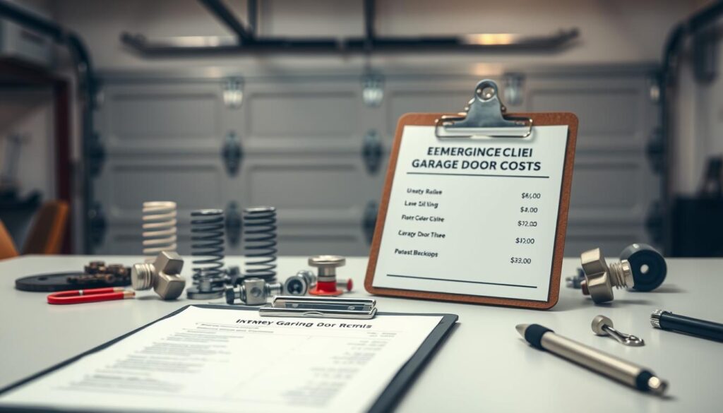 A detailed breakdown of emergency garage door repair costs, showcased on a sleek, modern desk. In the foreground, a clipboard displays itemized pricing, illuminated by soft, warm lighting. The middle ground features various garage door components, such as springs, rollers, and hardware, arranged neatly. In the background, a blurred garage door frame provides context, conveying a sense of urgency and the need for prompt, professional intervention. The overall composition conveys a sense of expertise, transparency, and the importance of understanding the costs associated with emergency garage door repair. A detailed breakdown of emergency garage door repair costs, showcased on a sleek, modern desk. In the foreground, a clipboard displays itemized pricing, illuminated by soft, warm lighting. The middle ground features various garage door components, such as springs, rollers, and hardware, arranged neatly. In the background, a blurred garage door frame provides context, conveying a sense of urgency and the need for prompt, professional intervention. The overall composition conveys a sense of expertise, transparency, and the importance of understanding the costs associated with emergency garage door repair.