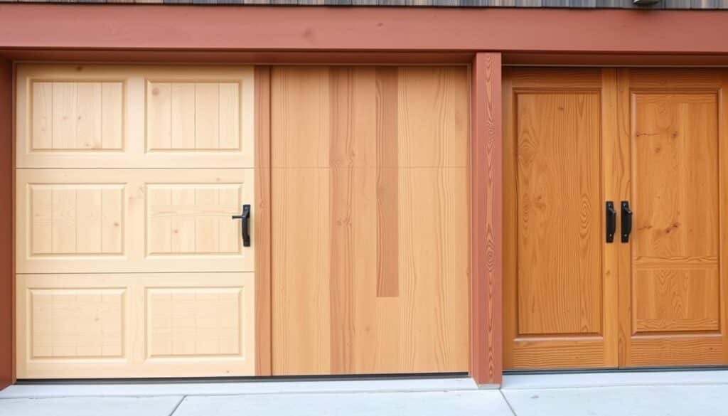 A detailed side-by-side comparison of different types of wooden garage door materials, including pine, cedar, and oak, showcased in a well-lit, high-resolution photograph. The image presents the materials' textures, grains, and colors in a clean, organized layout, allowing viewers to evaluate the visual and tactile properties that contribute to the overall cost of the wooden garage doors. The scene is captured from a slightly elevated angle, providing a comprehensive overview of the materials while maintaining a polished, professional aesthetic suitable for an article on the topic. A detailed side-by-side comparison of different types of wooden garage door materials, including pine, cedar, and oak, showcased in a well-lit, high-resolution photograph. The image presents the materials' textures, grains, and colors in a clean, organized layout, allowing viewers to evaluate the visual and tactile properties that contribute to the overall cost of the wooden garage doors. The scene is captured from a slightly elevated angle, providing a comprehensive overview of the materials while maintaining a polished, professional aesthetic suitable for an article on the topic.