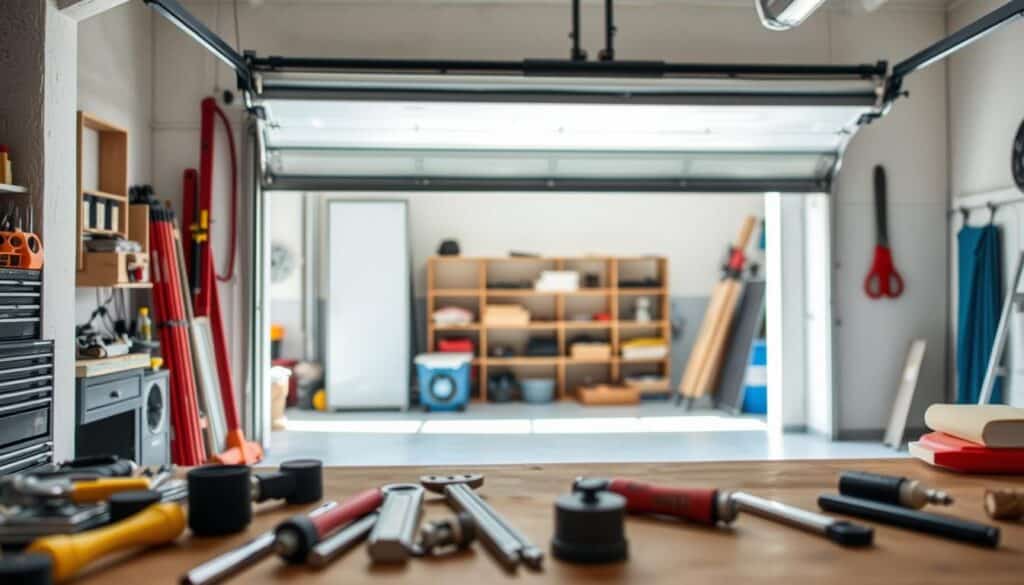 A detailed workshop scene with a focus on a partially opened garage door, revealing the track system. Bright, natural lighting illuminates the scene, highlighting the intricate components and potential areas of damage. In the foreground, various tools and repair materials are neatly arranged, suggesting an ongoing maintenance or repair process. The middle ground showcases the garage door track, with its rollers, hinges, and brackets, allowing for a close examination of the critical elements that contribute to the overall cost and complexity of the repair. The background features a clean, organized workshop environment, conveying a sense of professionalism and attention to detail. The overall mood is one of problem-solving and a methodical approach to understanding the factors that influence the cost of garage door track repairs. A detailed workshop scene with a focus on a partially opened garage door, revealing the track system. Bright, natural lighting illuminates the scene, highlighting the intricate components and potential areas of damage. In the foreground, various tools and repair materials are neatly arranged, suggesting an ongoing maintenance or repair process. The middle ground showcases the garage door track, with its rollers, hinges, and brackets, allowing for a close examination of the critical elements that contribute to the overall cost and complexity of the repair. The background features a clean, organized workshop environment, conveying a sense of professionalism and attention to detail. The overall mood is one of problem-solving and a methodical approach to understanding the factors that influence the cost of garage door track repairs.