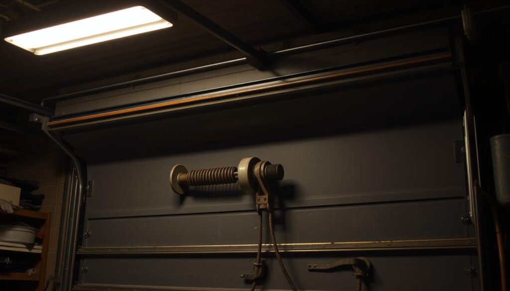 A dimly lit, cluttered garage interior with a focus on a large, aging garage door. The door panels are partially opened, revealing a closeup view of the inner mechanism, including the springs, pulleys, and rollers. Worn and rusting parts are evident, suggesting the source of the grinding noise. Soft, warm lighting from a single overhead fixture casts shadows and highlights the intricate details of the door assembly. The overall atmosphere conveys a sense of aging infrastructure in need of repair, hinting at the challenges faced by the homeowner. A dimly lit, cluttered garage interior with a focus on a large, aging garage door. The door panels are partially opened, revealing a closeup view of the inner mechanism, including the springs, pulleys, and rollers. Worn and rusting parts are evident, suggesting the source of the grinding noise. Soft, warm lighting from a single overhead fixture casts shadows and highlights the intricate details of the door assembly. The overall atmosphere conveys a sense of aging infrastructure in need of repair, hinting at the challenges faced by the homeowner.
