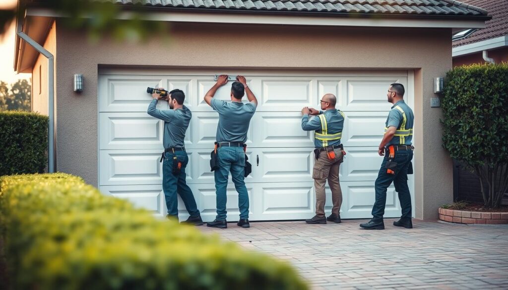 A group of professional garage door installers working diligently in a suburban neighborhood in Pretoria East. The scene depicts three skilled technicians installing a new garage door, with one holding a power tool, another securing the hardware, and the third inspecting the alignment. The workers wear uniforms and safety gear, conveying their expertise and attention to detail. The garage's exterior is well-maintained, with neatly trimmed hedges and a paved driveway leading up to it. Soft, diffused natural light illuminates the area, creating a warm, inviting atmosphere. The prompt aims to showcase the high-quality service and skilled workmanship of garage door installers serving the Pretoria East suburbs. A group of professional garage door installers working diligently in a suburban neighborhood in Pretoria East. The scene depicts three skilled technicians installing a new garage door, with one holding a power tool, another securing the hardware, and the third inspecting the alignment. The workers wear uniforms and safety gear, conveying their expertise and attention to detail. The garage's exterior is well-maintained, with neatly trimmed hedges and a paved driveway leading up to it. Soft, diffused natural light illuminates the area, creating a warm, inviting atmosphere. The prompt aims to showcase the high-quality service and skilled workmanship of garage door installers serving the Pretoria East suburbs.