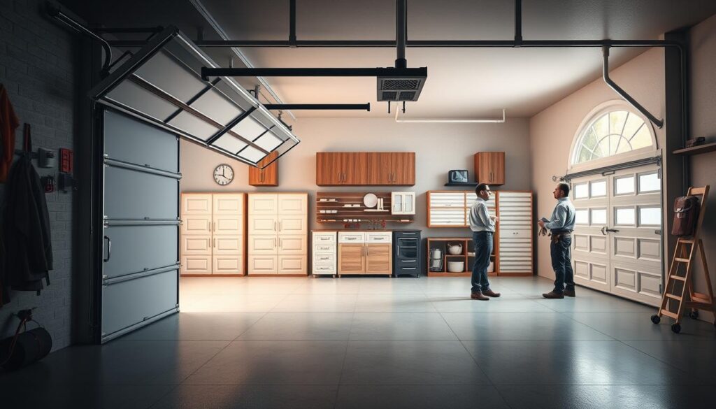 A high-resolution, detailed 3D render of a well-lit garage interior showcasing the key factors that influence the cost of garage door installation. In the foreground, a partially open garage door reveals the mechanics and hardware components. In the middle ground, various garage door styles, materials, and sizes are displayed side-by-side. In the background, a homeowner consults with a professional installer, discussing customization options and labor costs. The scene is captured with a wide-angle lens, creating depth and emphasizing the complexity of the installation process. A high-resolution, detailed 3D render of a well-lit garage interior showcasing the key factors that influence the cost of garage door installation. In the foreground, a partially open garage door reveals the mechanics and hardware components. In the middle ground, various garage door styles, materials, and sizes are displayed side-by-side. In the background, a homeowner consults with a professional installer, discussing customization options and labor costs. The scene is captured with a wide-angle lens, creating depth and emphasizing the complexity of the installation process.