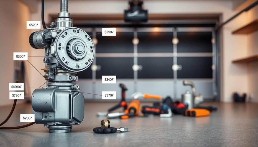 A highly detailed, technical breakdown of a professional garage door motor installation cost, featuring a clean and minimalist layout. The foreground shows a disassembled garage door motor with individual components labeled, highlighting the intricate mechanisms. The middle ground depicts a neatly organized set of tools and installation materials, while the background showcases a sleek, modern garage interior with warm lighting. The overall tone conveys a sense of precision, expertise, and transparent pricing information. A highly detailed, technical breakdown of a professional garage door motor installation cost, featuring a clean and minimalist layout. The foreground shows a disassembled garage door motor with individual components labeled, highlighting the intricate mechanisms. The middle ground depicts a neatly organized set of tools and installation materials, while the background showcases a sleek, modern garage interior with warm lighting. The overall tone conveys a sense of precision, expertise, and transparent pricing information.