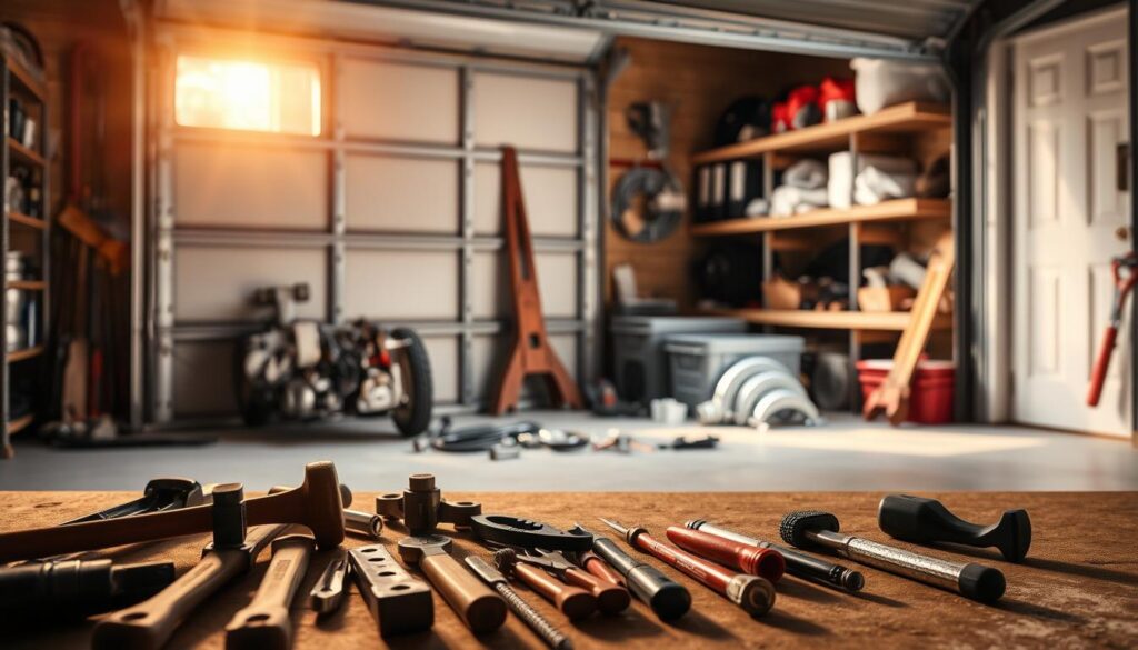 A meticulously detailed garage interior, bathed in warm, golden light filtering through the open door. In the foreground, an array of essential tools - hammers, pliers, screwdrivers - laid out neatly, hinting at the intricate work required. The middle ground features a partially disassembled garage door mechanism, its components scattered, showcasing the complexity of the repair process. In the background, shelves stocked with a variety of replacement parts, conveying the wide range of factors that can influence the final cost of the repair. The scene emanates a sense of organized professionalism, underscoring the expertise needed to navigate the nuances of garage door maintenance. A meticulously detailed garage interior, bathed in warm, golden light filtering through the open door. In the foreground, an array of essential tools - hammers, pliers, screwdrivers - laid out neatly, hinting at the intricate work required. The middle ground features a partially disassembled garage door mechanism, its components scattered, showcasing the complexity of the repair process. In the background, shelves stocked with a variety of replacement parts, conveying the wide range of factors that can influence the final cost of the repair. The scene emanates a sense of organized professionalism, underscoring the expertise needed to navigate the nuances of garage door maintenance.