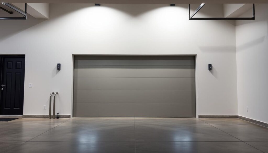 A modern single garage door installation in a spacious, well-lit interior. The door is a sleek, contemporary design in a neutral color, seamlessly integrated into the surrounding architecture. The garage features clean lines, ample lighting, and a polished concrete floor, creating a minimalist, high-quality aesthetic. The scene is captured from an angle that showcases the proportions and scale of the installation, with a slightly elevated perspective to highlight the details. The overall atmosphere is one of sophistication, efficiency, and attention to design. A modern single garage door installation in a spacious, well-lit interior. The door is a sleek, contemporary design in a neutral color, seamlessly integrated into the surrounding architecture. The garage features clean lines, ample lighting, and a polished concrete floor, creating a minimalist, high-quality aesthetic. The scene is captured from an angle that showcases the proportions and scale of the installation, with a slightly elevated perspective to highlight the details. The overall atmosphere is one of sophistication, efficiency, and attention to design.