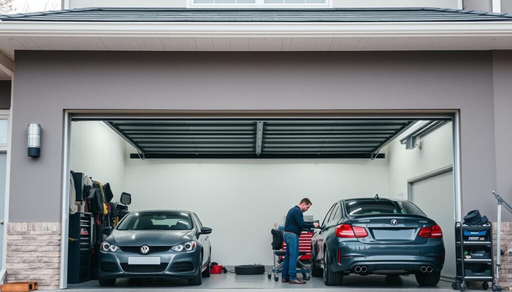 A modern two-car garage with an open overhead door, showcasing the various components that affect repair costs. In the foreground, a focused close-up of the door's hinges, springs, and rollers. In the middle ground, a mechanic examining the motor and control panel, illustrating the electrical and automation aspects. The background reveals the garage's interior, with shelves of tools and spare parts, hinting at the labor and materials involved. Warm, natural lighting from the open door creates a welcoming atmosphere, while a slightly tilted camera angle adds visual interest. The overall scene conveys the complexity and considerations that go into garage door repair pricing. A modern two-car garage with an open overhead door, showcasing the various components that affect repair costs. In the foreground, a focused close-up of the door's hinges, springs, and rollers. In the middle ground, a mechanic examining the motor and control panel, illustrating the electrical and automation aspects. The background reveals the garage's interior, with shelves of tools and spare parts, hinting at the labor and materials involved. Warm, natural lighting from the open door creates a welcoming atmosphere, while a slightly tilted camera angle adds visual interest. The overall scene conveys the complexity and considerations that go into garage door repair pricing.
