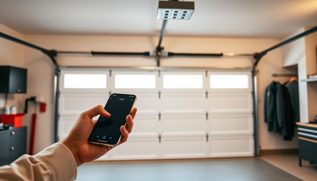A modern, well-lit garage interior with a sleek, white garage door in the center. The door features discreet security sensors and a control panel integrated seamlessly into the design. In the foreground, a person's hand holds a smartphone, interacting with a sophisticated home automation app to monitor and control the garage door remotely. The background showcases a tidy, organized garage space, conveying a sense of security and convenience. The lighting is balanced, creating a warm, inviting atmosphere, and the camera angle suggests a perspective that highlights the integration of smart technology into the home environment. A modern, well-lit garage interior with a sleek, white garage door in the center. The door features discreet security sensors and a control panel integrated seamlessly into the design. In the foreground, a person's hand holds a smartphone, interacting with a sophisticated home automation app to monitor and control the garage door remotely. The background showcases a tidy, organized garage space, conveying a sense of security and convenience. The lighting is balanced, creating a warm, inviting atmosphere, and the camera angle suggests a perspective that highlights the integration of smart technology into the home environment.