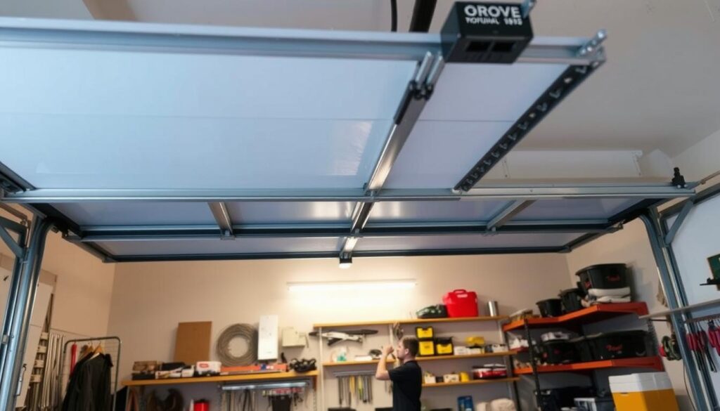 A modern, well-lit interior of a garage with a partially open overhead garage door, revealing the mechanics and components that contribute to the refurbishment cost. In the foreground, a detailed view of the door's hinges, springs, and weatherstripping, showcasing the areas that often require attention during a refurbishment. The middle ground features a technician examining the door's tracks and rollers, assessing their condition. In the background, shelves stocked with various garage door hardware and tools, hinting at the variety of parts and labor involved in the refurbishment process. The scene conveys a sense of thoughtful consideration of the factors that influence the overall cost of a garage door refurbishment project. A modern, well-lit interior of a garage with a partially open overhead garage door, revealing the mechanics and components that contribute to the refurbishment cost. In the foreground, a detailed view of the door's hinges, springs, and weatherstripping, showcasing the areas that often require attention during a refurbishment. The middle ground features a technician examining the door's tracks and rollers, assessing their condition. In the background, shelves stocked with various garage door hardware and tools, hinting at the variety of parts and labor involved in the refurbishment process. The scene conveys a sense of thoughtful consideration of the factors that influence the overall cost of a garage door refurbishment project.