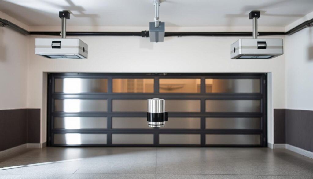 A modern, well-lit residential garage with a sleek, brushed metal gate automation system prominently displayed in the foreground. The gate motor is positioned at the center, flanked by two matching garage door openers in a symmetrical arrangement. The background features a neutral-toned, uncluttered garage interior, allowing the automation equipment to be the focal point. Soft shadows and subtle highlights accentuate the clean, high-quality design of the components. The scene conveys a sense of efficiency, convenience, and seamless integration of gate and garage door automation in a premium residential setting. A modern, well-lit residential garage with a sleek, brushed metal gate automation system prominently displayed in the foreground. The gate motor is positioned at the center, flanked by two matching garage door openers in a symmetrical arrangement. The background features a neutral-toned, uncluttered garage interior, allowing the automation equipment to be the focal point. Soft shadows and subtle highlights accentuate the clean, high-quality design of the components. The scene conveys a sense of efficiency, convenience, and seamless integration of gate and garage door automation in a premium residential setting.
