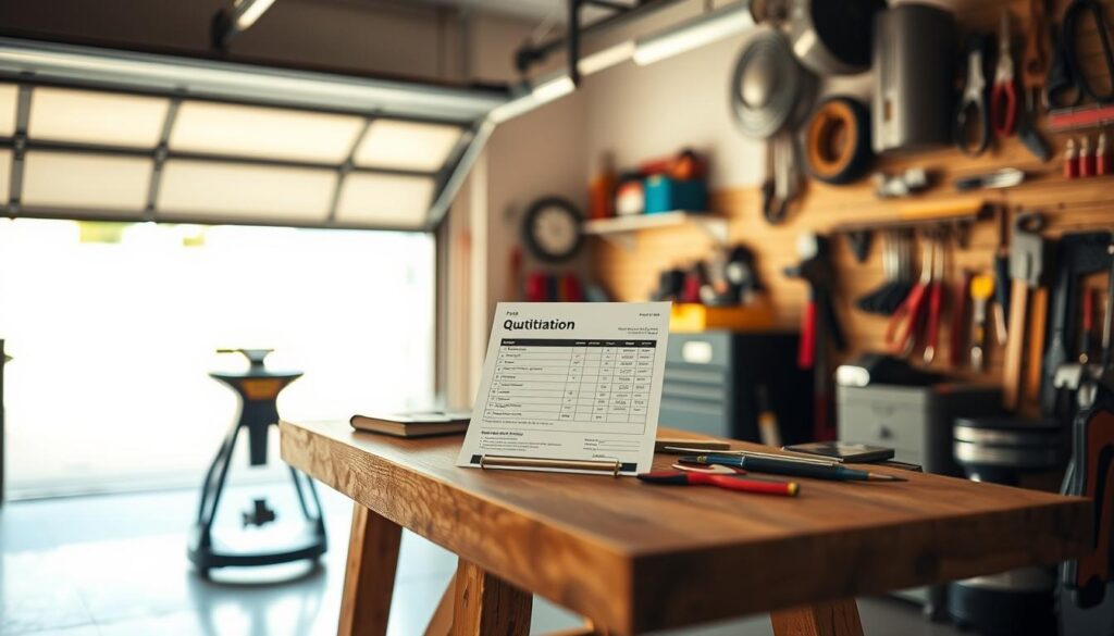 A neatly organized garage interior, with a central focus on a garage door repair price quotation document. The document is placed on a sturdy wooden workbench, surrounded by various tools and equipment typically found in a garage workshop setting. The lighting is warm and natural, filtering in through the open garage door, casting soft shadows across the scene. The background is a clean, uncluttered space, allowing the quotation document to take center stage. The overall atmosphere conveys a sense of professionalism, attention to detail, and a focus on providing accurate and transparent pricing information for garage door repair services in the Sandton area. A neatly organized garage interior, with a central focus on a garage door repair price quotation document. The document is placed on a sturdy wooden workbench, surrounded by various tools and equipment typically found in a garage workshop setting. The lighting is warm and natural, filtering in through the open garage door, casting soft shadows across the scene. The background is a clean, uncluttered space, allowing the quotation document to take center stage. The overall atmosphere conveys a sense of professionalism, attention to detail, and a focus on providing accurate and transparent pricing information for garage door repair services in the Sandton area.