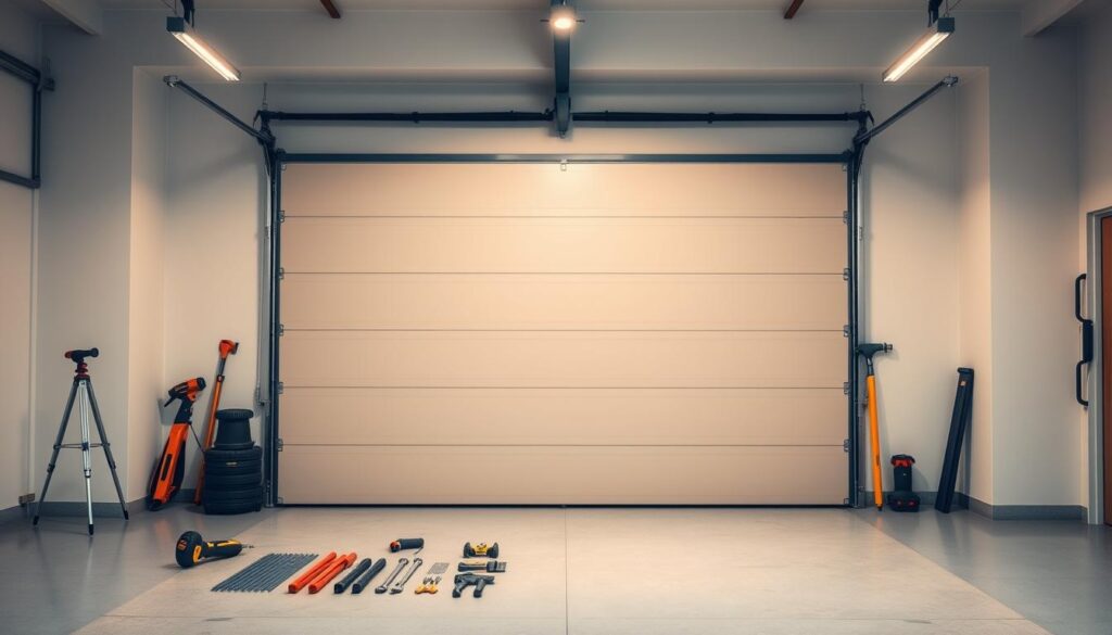 A neatly organized garage interior with a large, prominent garage door taking center stage. The door is made of sleek, modern panels in a neutral color that blends seamlessly with the surroundings. Warm, diffused lighting illuminates the scene, creating a welcoming ambiance. The middle ground features various installation tools and hardware neatly arranged, suggesting a professional, well-equipped setup. The background showcases a clean, minimalist design, with subtle architectural details that complement the overall aesthetic. The composition emphasizes the garage door as the focal point, conveying a sense of quality, precision, and attention to detail in the installation process. A neatly organized garage interior with a large, prominent garage door taking center stage. The door is made of sleek, modern panels in a neutral color that blends seamlessly with the surroundings. Warm, diffused lighting illuminates the scene, creating a welcoming ambiance. The middle ground features various installation tools and hardware neatly arranged, suggesting a professional, well-equipped setup. The background showcases a clean, minimalist design, with subtle architectural details that complement the overall aesthetic. The composition emphasizes the garage door as the focal point, conveying a sense of quality, precision, and attention to detail in the installation process.