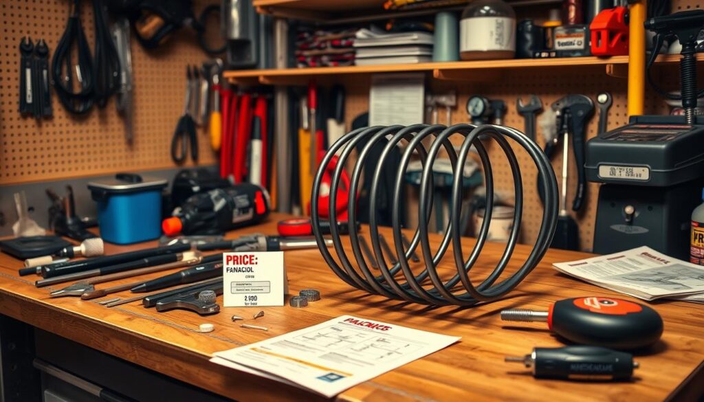 A neatly organized garage workbench, with an assortment of tools and a large, coiled garage door spring. On the bench, price tags and maintenance manuals showcase the costs and procedures for balancing and lubricating the spring. The lighting is warm and focused, creating a sense of expertise and professionalism. The camera angle is slightly elevated, giving an overview of the scene and emphasizing the importance of the task at hand. The overall mood is one of informative practicality, guiding the viewer through the essential steps to keep a garage door running smoothly. A neatly organized garage workbench, with an assortment of tools and a large, coiled garage door spring. On the bench, price tags and maintenance manuals showcase the costs and procedures for balancing and lubricating the spring. The lighting is warm and focused, creating a sense of expertise and professionalism. The camera angle is slightly elevated, giving an overview of the scene and emphasizing the importance of the task at hand. The overall mood is one of informative practicality, guiding the viewer through the essential steps to keep a garage door running smoothly.