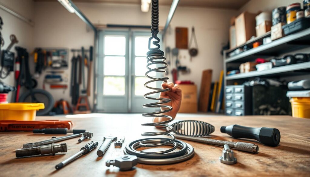 A neatly organized garage workshop with a sturdy workbench, an array of tools, and a focal point of a garage door with a broken spring. Bright, natural lighting streams in through the open door, illuminating the scene. The foreground showcases the various components of a garage door spring replacement kit, laid out methodically. In the middle ground, a technician's hands work on the spring, demonstrating the repair process. The background features shelves stocked with replacement parts and supplies, providing a sense of the comprehensive service offered. The overall mood is one of expertise, efficiency, and attention to detail, reflecting the specialized knowledge required for this garage door spring replacement task. A neatly organized garage workshop with a sturdy workbench, an array of tools, and a focal point of a garage door with a broken spring. Bright, natural lighting streams in through the open door, illuminating the scene. The foreground showcases the various components of a garage door spring replacement kit, laid out methodically. In the middle ground, a technician's hands work on the spring, demonstrating the repair process. The background features shelves stocked with replacement parts and supplies, providing a sense of the comprehensive service offered. The overall mood is one of expertise, efficiency, and attention to detail, reflecting the specialized knowledge required for this garage door spring replacement task.