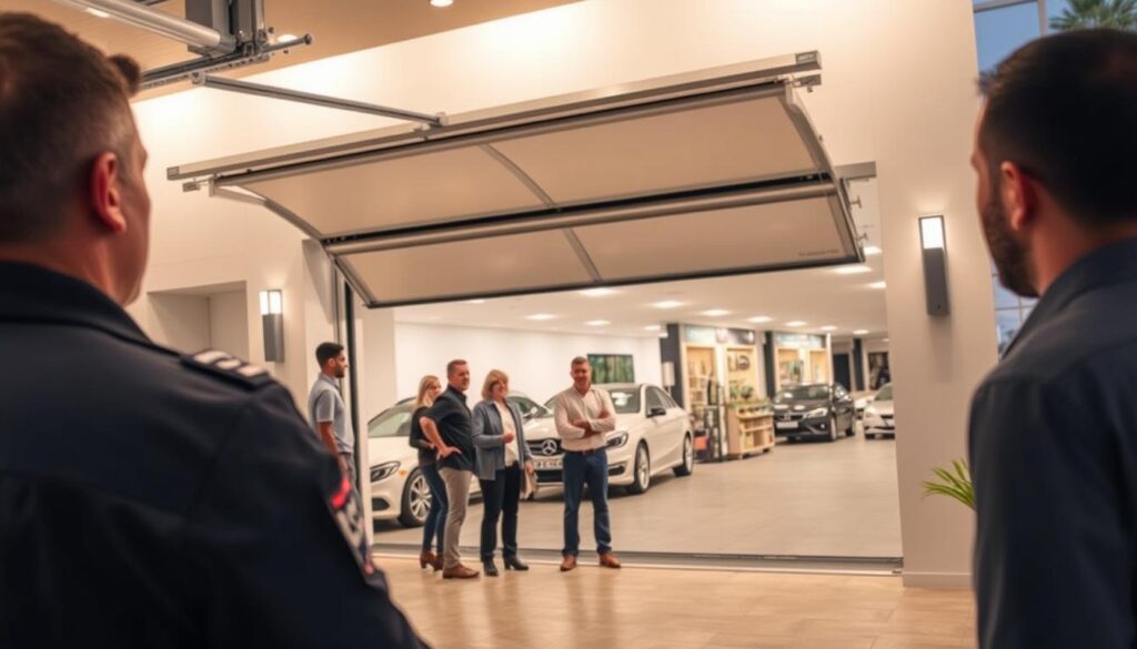 A professional garage door installation in Randburg, South Africa. A well-lit showroom with a wide variety of stylish garage door models on display. In the foreground, a technician in a uniform is demonstrating the smooth operation of a high-quality sectional garage door. In the middle ground, customers are observing the installation, admiring the craftsmanship. The background features the clean, modern exterior of the garage door showroom, with ample parking spaces and lush landscaping, conveying a sense of professionalism and attention to detail. The lighting is warm and inviting, creating a welcoming atmosphere for potential customers. A professional garage door installation in Randburg, South Africa. A well-lit showroom with a wide variety of stylish garage door models on display. In the foreground, a technician in a uniform is demonstrating the smooth operation of a high-quality sectional garage door. In the middle ground, customers are observing the installation, admiring the craftsmanship. The background features the clean, modern exterior of the garage door showroom, with ample parking spaces and lush landscaping, conveying a sense of professionalism and attention to detail. The lighting is warm and inviting, creating a welcoming atmosphere for potential customers.