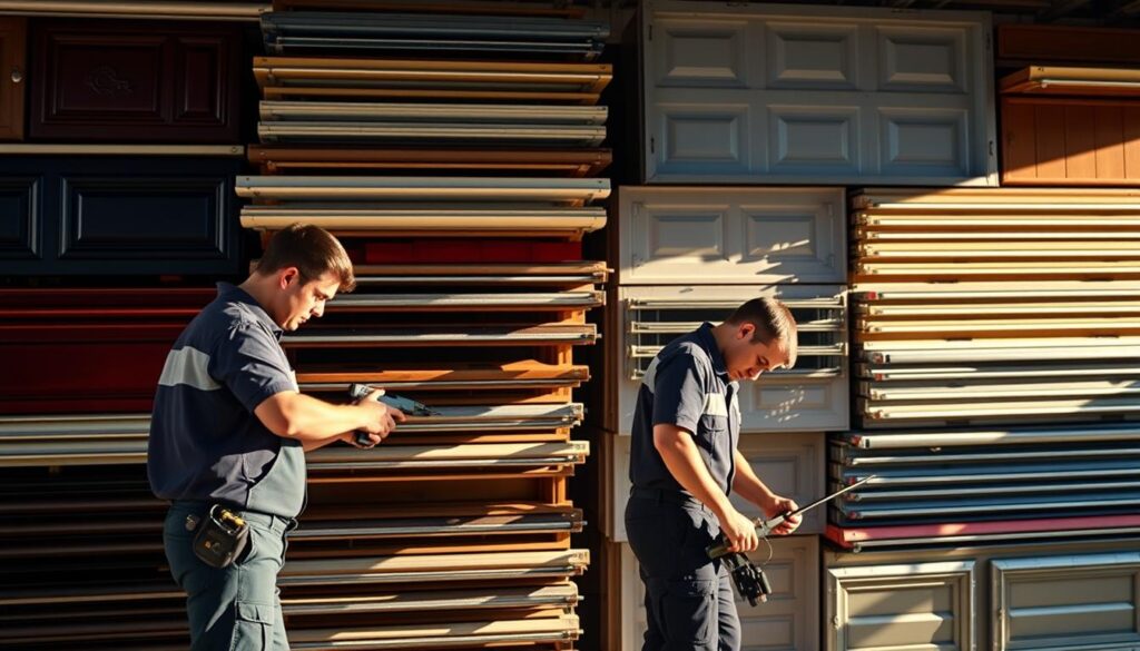 A professional garage door installation service in Johannesburg, with two technicians working diligently against a backdrop of neatly stacked garage doors in various styles and colors. The scene is bathed in warm, natural lighting, casting subtle shadows and highlights that accentuate the intricate details of the garage doors and the precision of the installation process. The technicians, dressed in uniforms, are using specialized tools and equipment, demonstrating their expertise and attention to detail. The overall composition conveys a sense of professionalism, efficiency, and high-quality workmanship, reflecting the reliable and trustworthy nature of the garage door installation service. A professional garage door installation service in Johannesburg, with two technicians working diligently against a backdrop of neatly stacked garage doors in various styles and colors. The scene is bathed in warm, natural lighting, casting subtle shadows and highlights that accentuate the intricate details of the garage doors and the precision of the installation process. The technicians, dressed in uniforms, are using specialized tools and equipment, demonstrating their expertise and attention to detail. The overall composition conveys a sense of professionalism, efficiency, and high-quality workmanship, reflecting the reliable and trustworthy nature of the garage door installation service.