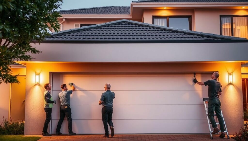 A professional garage door installation service in Sandton, with a team of skilled technicians working diligently to install a high-quality garage door. The scene is set in a residential neighborhood, with the front of a modern house in the background. The garage door is the focal point, showcasing its sleek design and seamless integration with the home's exterior. Warm, natural lighting illuminates the scene, creating a welcoming and professional atmosphere. The technicians are dressed in uniform, showcasing their expertise and dedication to providing top-notch service. The overall image conveys the reliable and trustworthy nature of the garage door installation services available in Sandton and its surrounding suburbs. A professional garage door installation service in Sandton, with a team of skilled technicians working diligently to install a high-quality garage door. The scene is set in a residential neighborhood, with the front of a modern house in the background. The garage door is the focal point, showcasing its sleek design and seamless integration with the home's exterior. Warm, natural lighting illuminates the scene, creating a welcoming and professional atmosphere. The technicians are dressed in uniform, showcasing their expertise and dedication to providing top-notch service. The overall image conveys the reliable and trustworthy nature of the garage door installation services available in Sandton and its surrounding suburbs.