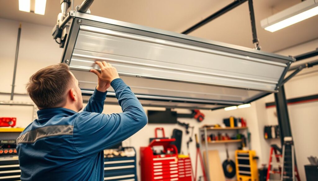 A professional garage door installation service in a well-lit, spacious workshop. In the foreground, a skilled technician carefully adjusts the mechanisms of a gleaming, contemporary garage door, ensuring perfect alignment and smooth operation. The middle ground features an array of tools and equipment, neatly organized and readily accessible. In the background, the workshop's high ceilings and clean, modern aesthetic convey a sense of efficiency and expertise. Warm, diffused lighting casts a welcoming glow, highlighting the technician's focus and the high-quality materials used in the installation process. This image reflects the comprehensive garage door services available throughout Port Elizabeth, catering to the needs of both residential and commercial clients. A professional garage door installation service in a well-lit, spacious workshop. In the foreground, a skilled technician carefully adjusts the mechanisms of a gleaming, contemporary garage door, ensuring perfect alignment and smooth operation. The middle ground features an array of tools and equipment, neatly organized and readily accessible. In the background, the workshop's high ceilings and clean, modern aesthetic convey a sense of efficiency and expertise. Warm, diffused lighting casts a welcoming glow, highlighting the technician's focus and the high-quality materials used in the installation process. This image reflects the comprehensive garage door services available throughout Port Elizabeth, catering to the needs of both residential and commercial clients.
