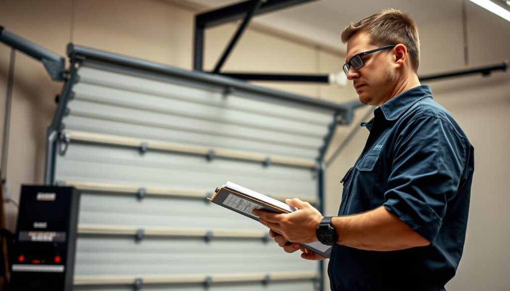 A professional technician conducting a detailed assessment of a roll-up garage door, examining its components and mechanisms in a well-lit, spacious garage interior. The assessment involves carefully measuring dimensions, inspecting for wear and tear, and evaluating the overall condition of the door system. The technician is dressed in a clean, branded uniform, using a clipboard and tools to meticulously document their findings. The garage setting features a neutral, uncluttered background, allowing the focus to remain on the assessment process and the technician's expertise. Subtle, warm lighting illuminates the scene, creating a sense of professionalism and attention to detail. A professional technician conducting a detailed assessment of a roll-up garage door, examining its components and mechanisms in a well-lit, spacious garage interior. The assessment involves carefully measuring dimensions, inspecting for wear and tear, and evaluating the overall condition of the door system. The technician is dressed in a clean, branded uniform, using a clipboard and tools to meticulously document their findings. The garage setting features a neutral, uncluttered background, allowing the focus to remain on the assessment process and the technician's expertise. Subtle, warm lighting illuminates the scene, creating a sense of professionalism and attention to detail.