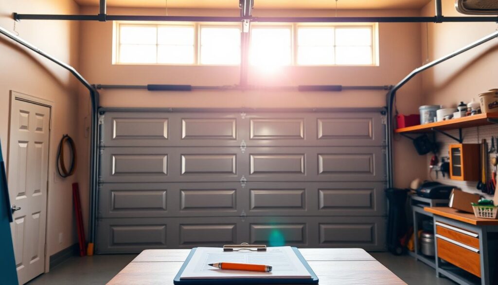A spacious residential garage with a modern, sleek overhead door stands in the foreground, illuminated by warm, natural sunlight filtering through the windows. The door's intricate panel design and glossy finish suggest a high-quality, well-maintained structure. In the middle ground, a clipboard and pencil rest on a sturdy workbench, hinting at the ongoing inspection process. The background features a clean, organized garage interior with shelves, tools, and other household items, conveying a sense of efficiency and attention to detail. The overall scene exudes a professional, yet inviting atmosphere, reflecting the care and diligence of a comprehensive garage door inspection. A spacious residential garage with a modern, sleek overhead door stands in the foreground, illuminated by warm, natural sunlight filtering through the windows. The door's intricate panel design and glossy finish suggest a high-quality, well-maintained structure. In the middle ground, a clipboard and pencil rest on a sturdy workbench, hinting at the ongoing inspection process. The background features a clean, organized garage interior with shelves, tools, and other household items, conveying a sense of efficiency and attention to detail. The overall scene exudes a professional, yet inviting atmosphere, reflecting the care and diligence of a comprehensive garage door inspection.