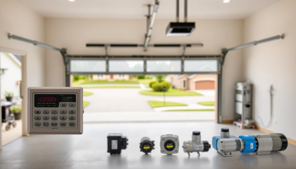 A spacious, well-lit residential garage with an automated door system. The garage door is partially open, revealing the interior. In the foreground, a sleek, modern garage door control panel is prominently displayed, inviting comparison of various automation options. The middle ground features a selection of garage door motors of different sizes and brands, showcasing the range of available products and prices. The background depicts a suburban neighborhood, with neatly manicured lawns and other homes, to establish the context. The scene is captured in a clean, crisp style, emphasizing the technical and practical nature of the subject matter. A spacious, well-lit residential garage with an automated door system. The garage door is partially open, revealing the interior. In the foreground, a sleek, modern garage door control panel is prominently displayed, inviting comparison of various automation options. The middle ground features a selection of garage door motors of different sizes and brands, showcasing the range of available products and prices. The background depicts a suburban neighborhood, with neatly manicured lawns and other homes, to establish the context. The scene is captured in a clean, crisp style, emphasizing the technical and practical nature of the subject matter.