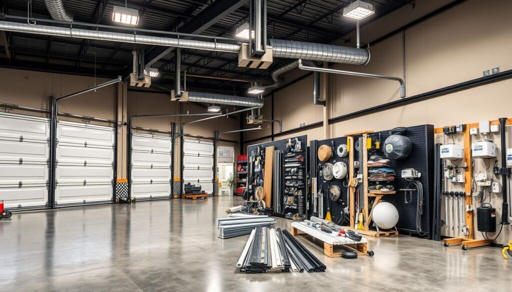 A sprawling commercial garage with an array of different garage door materials displayed side-by-side. In the foreground, various types of garage door panels, tracks, and hardware are showcased, allowing for a detailed cost comparison. The middle ground features a selection of garage door openers, springs, and other mechanical components. The background depicts the exterior of the garage, with a mix of architectural styles and lighting that creates a professional, yet inviting atmosphere. The overall scene is captured with a wide-angle lens, emphasizing the scope and scale of the commercial garage installation materials on display. A sprawling commercial garage with an array of different garage door materials displayed side-by-side. In the foreground, various types of garage door panels, tracks, and hardware are showcased, allowing for a detailed cost comparison. The middle ground features a selection of garage door openers, springs, and other mechanical components. The background depicts the exterior of the garage, with a mix of architectural styles and lighting that creates a professional, yet inviting atmosphere. The overall scene is captured with a wide-angle lens, emphasizing the scope and scale of the commercial garage installation materials on display.