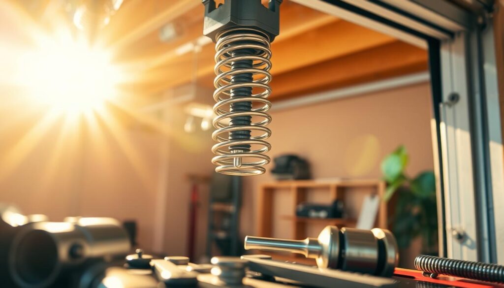 A sun-dappled garage interior, the door's spring mechanism in sharp focus. Warm, golden light filters through the open doorway, illuminating the intricate coils and pulley system. The metal components gleam, their shiny surfaces reflecting the surroundings. In the foreground, tools and spare parts are neatly arranged, suggesting a skilled technician's workspace. The overall atmosphere conveys a sense of expertise, precision, and the attention to detail required for a proper garage door spring repair. The camera's angle emphasizes the mechanical complexity, inviting the viewer to appreciate the specialized knowledge and care needed to maintain this essential household feature. A sun-dappled garage interior, the door's spring mechanism in sharp focus. Warm, golden light filters through the open doorway, illuminating the intricate coils and pulley system. The metal components gleam, their shiny surfaces reflecting the surroundings. In the foreground, tools and spare parts are neatly arranged, suggesting a skilled technician's workspace. The overall atmosphere conveys a sense of expertise, precision, and the attention to detail required for a proper garage door spring repair. The camera's angle emphasizes the mechanical complexity, inviting the viewer to appreciate the specialized knowledge and care needed to maintain this essential household feature.