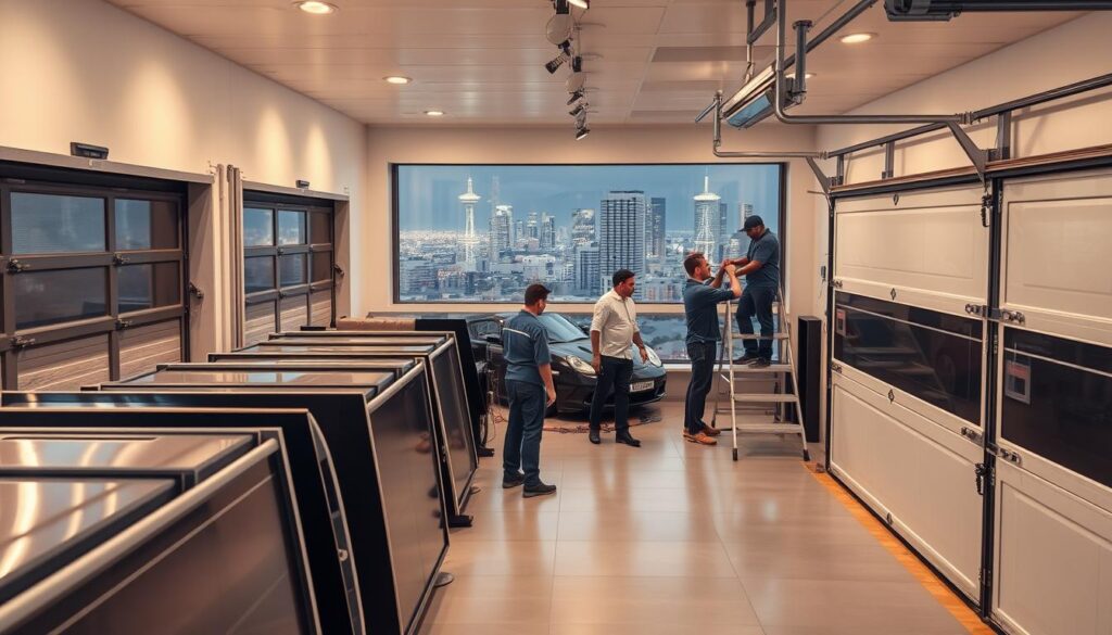 A transparent, brightly lit garage door installation showroom in Johannesburg. The foreground features a selection of modern, sleek garage doors in various styles and materials, arranged neatly to showcase their quality and design. The middle ground showcases a team of professional installers demonstrating the installation process, highlighting their expertise and attention to detail. The background features a panoramic view of the Johannesburg skyline, conveying the local context. The lighting is warm and inviting, creating a sense of transparency and trust. The overall composition emphasizes the convenience, reliability, and professionalism of garage door installation services in Johannesburg. A transparent, brightly lit garage door installation showroom in Johannesburg. The foreground features a selection of modern, sleek garage doors in various styles and materials, arranged neatly to showcase their quality and design. The middle ground showcases a team of professional installers demonstrating the installation process, highlighting their expertise and attention to detail. The background features a panoramic view of the Johannesburg skyline, conveying the local context. The lighting is warm and inviting, creating a sense of transparency and trust. The overall composition emphasizes the convenience, reliability, and professionalism of garage door installation services in Johannesburg.