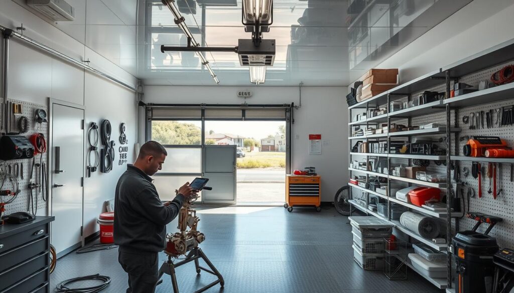 A transparent, well-lit garage door repair service area in Centurion, showcasing a spotless workspace with state-of-the-art tools and equipment. In the foreground, a technician meticulously inspects a garage door mechanism, surrounded by an array of spare parts and accessories. The middle ground features neatly organized shelves stocked with a comprehensive selection of garage door components, while the background depicts the exterior of the service center, with a clear view of the surrounding Centurion landscape through the expansive, transparent garage doors. The overall scene conveys a sense of professionalism, efficiency, and a commitment to providing transparent, high-quality garage door repair services throughout Centurion and its surrounding suburbs. A transparent, well-lit garage door repair service area in Centurion, showcasing a spotless workspace with state-of-the-art tools and equipment. In the foreground, a technician meticulously inspects a garage door mechanism, surrounded by an array of spare parts and accessories. The middle ground features neatly organized shelves stocked with a comprehensive selection of garage door components, while the background depicts the exterior of the service center, with a clear view of the surrounding Centurion landscape through the expansive, transparent garage doors. The overall scene conveys a sense of professionalism, efficiency, and a commitment to providing transparent, high-quality garage door repair services throughout Centurion and its surrounding suburbs.