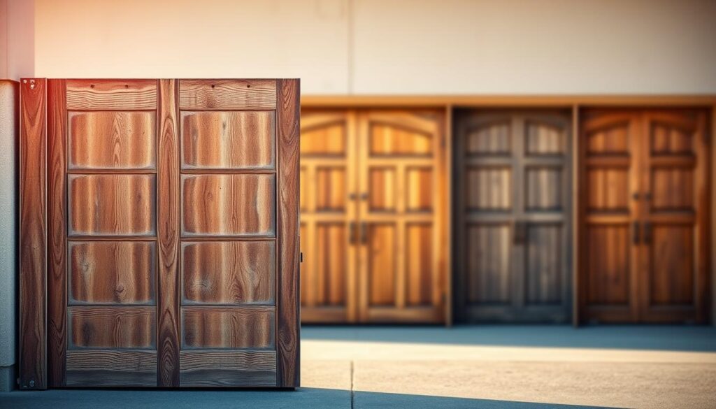 A weathered wooden garage door, its surface textured with age, stands prominently in the foreground, backlit by a warm, diffused light. Behind it, a triptych of similar doors in varying shades of brown and grey, arranged neatly to create a visual comparison. The middle ground is softly blurred, allowing the focus to remain on the doors and their distinctive features. The background is a subtle, neutral tone, keeping the attention on the subject matter. The overall scene conveys a sense of quality, durability, and the diverse options available for wooden garage doors. A weathered wooden garage door, its surface textured with age, stands prominently in the foreground, backlit by a warm, diffused light. Behind it, a triptych of similar doors in varying shades of brown and grey, arranged neatly to create a visual comparison. The middle ground is softly blurred, allowing the focus to remain on the doors and their distinctive features. The background is a subtle, neutral tone, keeping the attention on the subject matter. The overall scene conveys a sense of quality, durability, and the diverse options available for wooden garage doors.