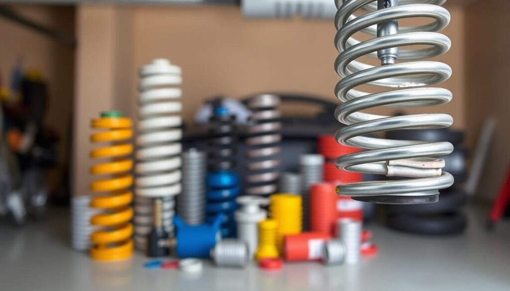 A well-lit, close-up view of a garage door spring in the foreground, showcasing its coiled structure and mechanical components. In the middle ground, a collection of various garage door spring types, sizes, and colors, representing the different options available for replacement. In the background, a blurred, neutral-toned garage interior, hinting at the context of the spring's purpose and installation. The overall scene conveys a sense of technical detail and practical, problem-solving focus, suitable for illustrating the key factors influencing garage door spring replacement cost. A well-lit, close-up view of a garage door spring in the foreground, showcasing its coiled structure and mechanical components. In the middle ground, a collection of various garage door spring types, sizes, and colors, representing the different options available for replacement. In the background, a blurred, neutral-toned garage interior, hinting at the context of the spring's purpose and installation. The overall scene conveys a sense of technical detail and practical, problem-solving focus, suitable for illustrating the key factors influencing garage door spring replacement cost.