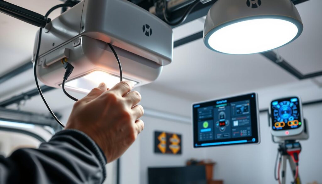 A well-lit, detailed close-up view of a smart garage door security system being installed. The foreground shows a contractor's hands carefully connecting wires and sensors to the garage door opener, with the latest security features and smart home integration visible. The middle ground reveals the state-of-the-art control panel and smart home hub, showcasing the system's connectivity and automation capabilities. The background depicts the interior of a modern, clean garage space, highlighting the seamless integration of the security system. The lighting is bright and directional, casting shadows that accentuate the technical aspects of the installation process. The overall mood is one of precision, professionalism, and the future of home automation. A well-lit, detailed close-up view of a smart garage door security system being installed. The foreground shows a contractor's hands carefully connecting wires and sensors to the garage door opener, with the latest security features and smart home integration visible. The middle ground reveals the state-of-the-art control panel and smart home hub, showcasing the system's connectivity and automation capabilities. The background depicts the interior of a modern, clean garage space, highlighting the seamless integration of the security system. The lighting is bright and directional, casting shadows that accentuate the technical aspects of the installation process. The overall mood is one of precision, professionalism, and the future of home automation.