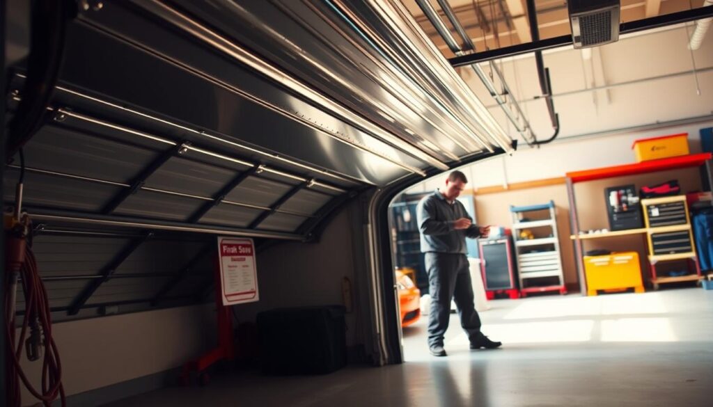 A well-lit, detailed garage interior with a focus on the various factors that influence garage door repair costs. The foreground features a partially open garage door, showcasing its mechanical components and highlighting the need for maintenance and potential repair work. In the middle ground, a mechanic inspects the door, evaluating factors such as the door's age, material, and damage extent. The background depicts shelves and storage units, representing the labor and parts required for the repair. The lighting is natural, creating warm, inviting tones that convey the expertise and professionalism needed for effective garage door repair. A well-lit, detailed garage interior with a focus on the various factors that influence garage door repair costs. The foreground features a partially open garage door, showcasing its mechanical components and highlighting the need for maintenance and potential repair work. In the middle ground, a mechanic inspects the door, evaluating factors such as the door's age, material, and damage extent. The background depicts shelves and storage units, representing the labor and parts required for the repair. The lighting is natural, creating warm, inviting tones that convey the expertise and professionalism needed for effective garage door repair.