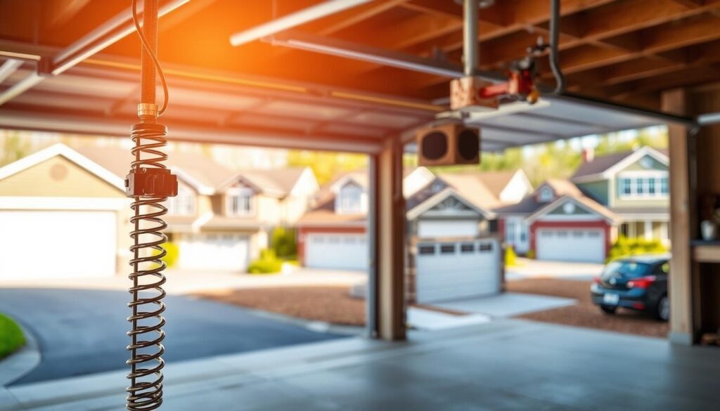 A well-lit, detailed illustration showcasing the key factors that influence the cost of garage door installation. In the foreground, a close-up view of the mechanical components of a garage door system, including the tracks, springs, and hardware. In the middle ground, a garage interior with various door styles and materials displayed, highlighting the impact of design and material choices on pricing. In the background, a suburban neighborhood with diverse home exteriors to convey the influence of location and regional costs. The scene is bathed in warm, natural lighting, creating a sense of clarity and professionalism suitable for an informative article. A well-lit, detailed illustration showcasing the key factors that influence the cost of garage door installation. In the foreground, a close-up view of the mechanical components of a garage door system, including the tracks, springs, and hardware. In the middle ground, a garage interior with various door styles and materials displayed, highlighting the impact of design and material choices on pricing. In the background, a suburban neighborhood with diverse home exteriors to convey the influence of location and regional costs. The scene is bathed in warm, natural lighting, creating a sense of clarity and professionalism suitable for an informative article.
