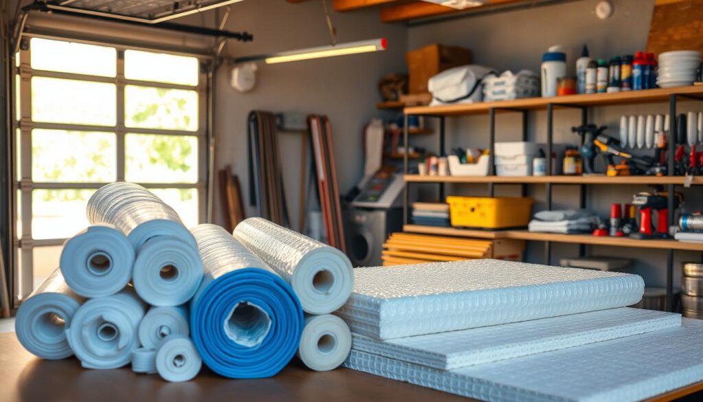 A well-lit, detailed interior scene showcasing various garage door insulation material options. In the foreground, a collection of insulation materials such as fiberglass rolls, foam boards, and bubble wrap panels are neatly arranged on a workbench. The middle ground features a partially open garage door, allowing natural light to stream in and illuminate the space. In the background, shelves display additional insulation accessories like weatherstripping, sealants, and tools. The scene conveys a sense of organization and professionalism, highlighting the different insulation solutions available for a garage door upgrade project. A well-lit, detailed interior scene showcasing various garage door insulation material options. In the foreground, a collection of insulation materials such as fiberglass rolls, foam boards, and bubble wrap panels are neatly arranged on a workbench. The middle ground features a partially open garage door, allowing natural light to stream in and illuminate the space. In the background, shelves display additional insulation accessories like weatherstripping, sealants, and tools. The scene conveys a sense of organization and professionalism, highlighting the different insulation solutions available for a garage door upgrade project.