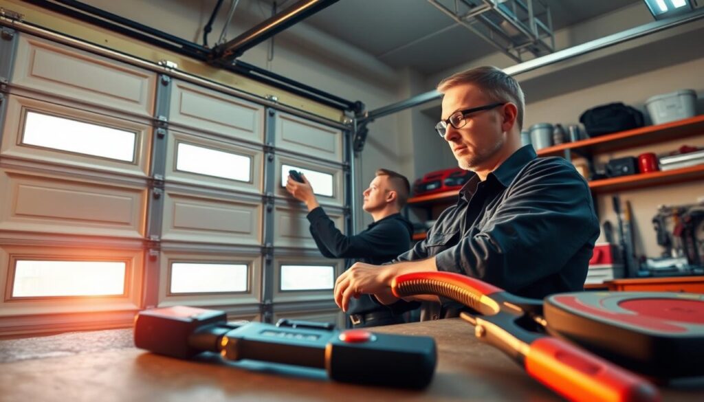 A well-lit garage interior, with a technician performing a comprehensive inspection on a garage door. The middle ground features the technician carefully examining the door's mechanisms, checking for any signs of wear or damage. The foreground showcases the various tools and equipment used, including a torque wrench, pliers, and a flashlight. The background shows the rest of the garage, with shelves, workbenches, and other automotive supplies visible, creating a sense of context and a professional workspace. The lighting is warm and even, creating a sense of focus and attention to detail. The overall atmosphere conveys a methodical, diligent, and safety-conscious approach to the garage door inspection process. A well-lit garage interior, with a technician performing a comprehensive inspection on a garage door. The middle ground features the technician carefully examining the door's mechanisms, checking for any signs of wear or damage. The foreground showcases the various tools and equipment used, including a torque wrench, pliers, and a flashlight. The background shows the rest of the garage, with shelves, workbenches, and other automotive supplies visible, creating a sense of context and a professional workspace. The lighting is warm and even, creating a sense of focus and attention to detail. The overall atmosphere conveys a methodical, diligent, and safety-conscious approach to the garage door inspection process.
