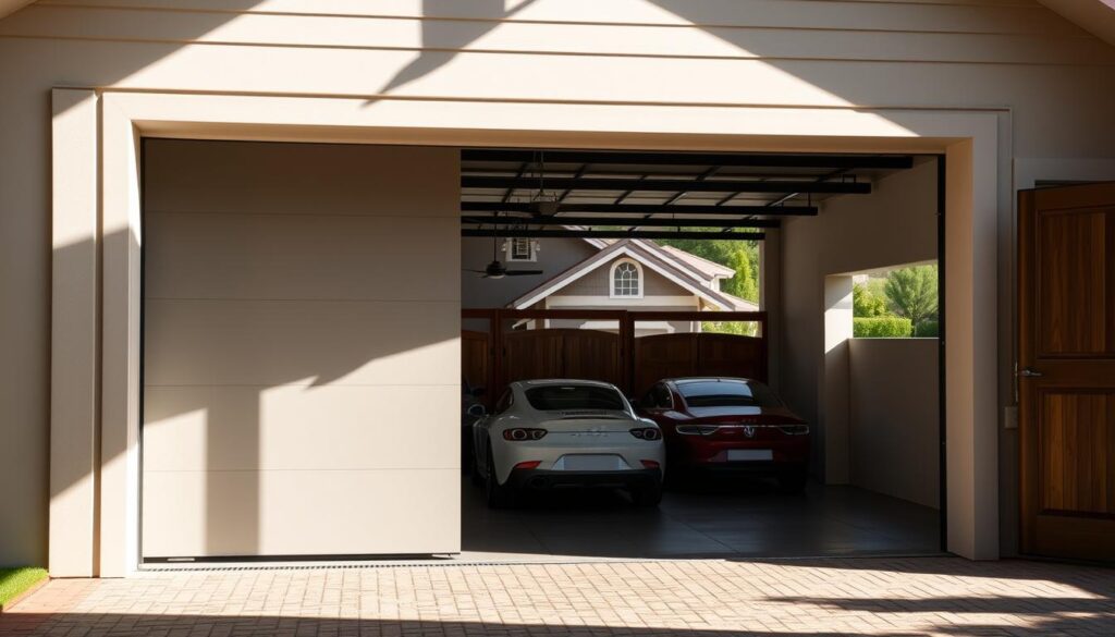 A well-lit garage with an open door, showcasing a range of affordable garage door options. The foreground features a close-up view of a modern, minimalist garage door in a neutral color, highlighting its sleek design and quality construction. The middle ground presents a wider view of the garage, displaying different styles and materials, such as wood-paneled and steel doors, to illustrate the variety of affordable choices available in Roodepoort. The background offers a glimpse of the suburban setting, with well-manicured lawns and houses in the distance, conveying a sense of a thriving, residential neighborhood. The lighting is natural, with soft shadows and highlights that accentuate the textures and details of the garage doors. The overall mood is one of accessibility, practicality, and aesthetic appeal, reflecting the affordable garage door installation prices in Roodepoort. A well-lit garage with an open door, showcasing a range of affordable garage door options. The foreground features a close-up view of a modern, minimalist garage door in a neutral color, highlighting its sleek design and quality construction. The middle ground presents a wider view of the garage, displaying different styles and materials, such as wood-paneled and steel doors, to illustrate the variety of affordable choices available in Roodepoort. The background offers a glimpse of the suburban setting, with well-manicured lawns and houses in the distance, conveying a sense of a thriving, residential neighborhood. The lighting is natural, with soft shadows and highlights that accentuate the textures and details of the garage doors. The overall mood is one of accessibility, practicality, and aesthetic appeal, reflecting the affordable garage door installation prices in Roodepoort.