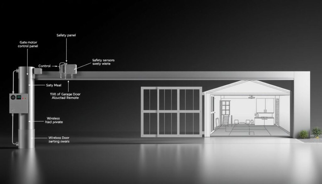 A well-lit, high-resolution architectural diagram showcasing the technical specifications and installation requirements for an automated gate and garage door combo. The foreground depicts the key components - the gate motor, control panel, safety sensors, and wireless remote - with clear labels and dimensions. The middle ground features a detailed cross-section of the gate and garage door system, highlighting the structural elements, wiring, and mounting hardware. The background shows the overall layout of the system, including the placement of the gate, garage, and driveway, rendered in a minimalist, technical style with muted colors. The lighting is clean and directional, emphasizing the precision and functionality of the design. The camera angle is frontal, providing a comprehensive overview of the automation system. A well-lit, high-resolution architectural diagram showcasing the technical specifications and installation requirements for an automated gate and garage door combo. The foreground depicts the key components - the gate motor, control panel, safety sensors, and wireless remote - with clear labels and dimensions. The middle ground features a detailed cross-section of the gate and garage door system, highlighting the structural elements, wiring, and mounting hardware. The background shows the overall layout of the system, including the placement of the gate, garage, and driveway, rendered in a minimalist, technical style with muted colors. The lighting is clean and directional, emphasizing the precision and functionality of the design. The camera angle is frontal, providing a comprehensive overview of the automation system.
