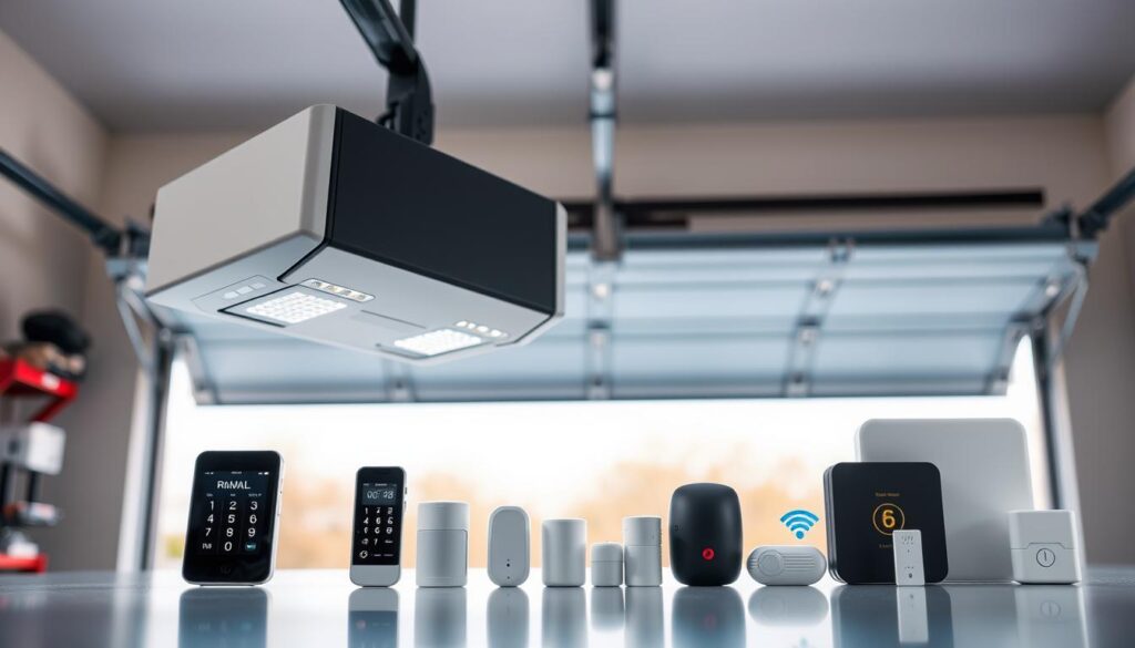 A well-lit, high-resolution image of a smart garage door installation package with a modern remote control setup. The foreground showcases the garage door opener with sleek, minimalist design, and intuitive controls. In the middle ground, a selection of accessories like keypad, motion sensors, and Wi-Fi connectivity modules are displayed. The background depicts a partially open garage door, revealing a clean, organized interior space with natural lighting. The overall atmosphere conveys a sense of efficiency, convenience, and seamless integration of smart home technology. A well-lit, high-resolution image of a smart garage door installation package with a modern remote control setup. The foreground showcases the garage door opener with sleek, minimalist design, and intuitive controls. In the middle ground, a selection of accessories like keypad, motion sensors, and Wi-Fi connectivity modules are displayed. The background depicts a partially open garage door, revealing a clean, organized interior space with natural lighting. The overall atmosphere conveys a sense of efficiency, convenience, and seamless integration of smart home technology.