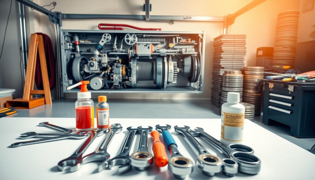 A well-lit, high-resolution image showcasing the essential components of an annual garage door maintenance service. In the foreground, a set of wrenches, screwdrivers, and lubricants neatly arranged on a clean workbench. In the middle ground, a partially disassembled garage door mechanism, with various pulleys, springs, and hinges visible, highlighting the intricate nature of the service. The background features a meticulously organized toolbox and a neatly stacked pile of spare parts, conveying a sense of professionalism and attention to detail. The overall scene is bathed in warm, natural lighting, creating a clean and inviting atmosphere, reflecting the high-quality service offered. A well-lit, high-resolution image showcasing the essential components of an annual garage door maintenance service. In the foreground, a set of wrenches, screwdrivers, and lubricants neatly arranged on a clean workbench. In the middle ground, a partially disassembled garage door mechanism, with various pulleys, springs, and hinges visible, highlighting the intricate nature of the service. The background features a meticulously organized toolbox and a neatly stacked pile of spare parts, conveying a sense of professionalism and attention to detail. The overall scene is bathed in warm, natural lighting, creating a clean and inviting atmosphere, reflecting the high-quality service offered.
