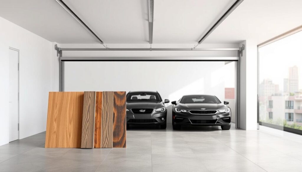 A well-lit, high-resolution image showing a side-by-side comparison of different garage door materials, including wood, steel, and aluminum. The materials are displayed in a clean, organized manner, with samples of each material taking up the foreground. Behind the material samples, a modern, minimalist garage interior serves as the middle ground, highlighting how the materials would look in a real-world setting. The background features a soft, blurred cityscape, creating a sense of context and setting. The overall composition is balanced, with a focus on showcasing the unique textures, colors, and properties of each garage door material. A well-lit, high-resolution image showing a side-by-side comparison of different garage door materials, including wood, steel, and aluminum. The materials are displayed in a clean, organized manner, with samples of each material taking up the foreground. Behind the material samples, a modern, minimalist garage interior serves as the middle ground, highlighting how the materials would look in a real-world setting. The background features a soft, blurred cityscape, creating a sense of context and setting. The overall composition is balanced, with a focus on showcasing the unique textures, colors, and properties of each garage door material.