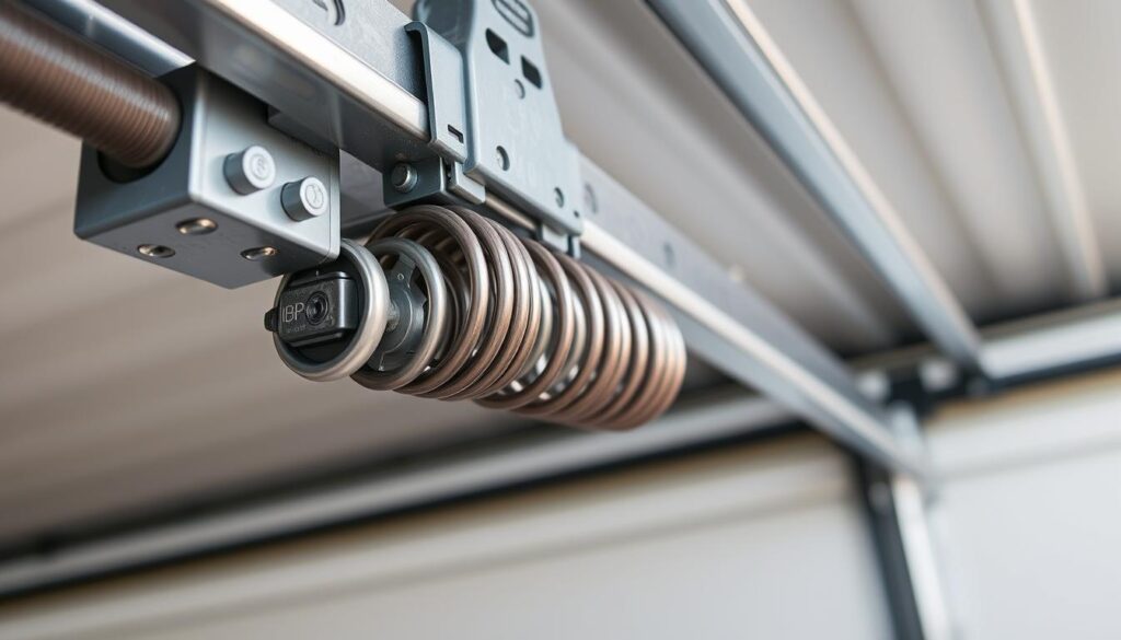 A well-lit, high-resolution photograph of a garage door with a close-up view of its internal spring mechanism. The spring is prominently featured, with clear details of its coils, mounting hardware, and tensioning system. The image is captured from a low angle, highlighting the complex engineering behind this crucial garage door component. The background is blurred, placing the focus entirely on the spring assembly and conveying a sense of technical expertise. The lighting is natural and diffused, creating soft shadows that accentuate the spring's intricate structure. The overall tone is informative and educational, suitable for an article about garage door repair prices in Centurion. A well-lit, high-resolution photograph of a garage door with a close-up view of its internal spring mechanism. The spring is prominently featured, with clear details of its coils, mounting hardware, and tensioning system. The image is captured from a low angle, highlighting the complex engineering behind this crucial garage door component. The background is blurred, placing the focus entirely on the spring assembly and conveying a sense of technical expertise. The lighting is natural and diffused, creating soft shadows that accentuate the spring's intricate structure. The overall tone is informative and educational, suitable for an article about garage door repair prices in Centurion.
