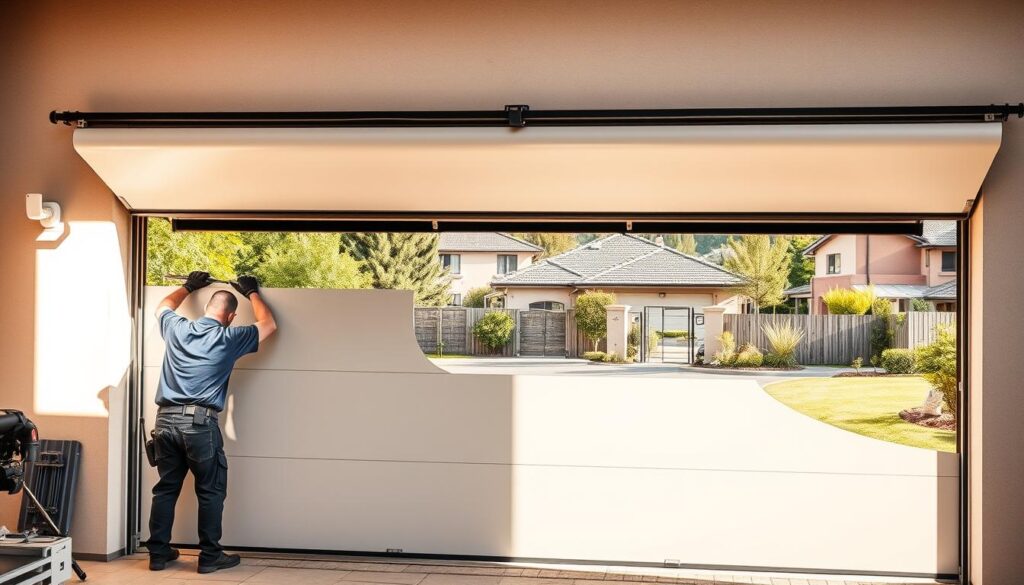 A well-lit, high-resolution photograph of a sectional garage door being professionally installed in a residential setting in Midrand, South Africa. The foreground shows the installer working diligently, with the garage door half-open, revealing its modern, sleek design in a neutral color. The middle ground showcases the full garage door in all its glory, the mechanisms and hardware visible, creating a sense of technical precision. The background depicts a typical Midrand suburban neighborhood, with lush greenery and well-maintained homes, conveying a peaceful, upscale atmosphere. The lighting is natural and warm, enhancing the overall aesthetic. The camera angle is slightly elevated, providing a comprehensive view of the installation process and the final result. A well-lit, high-resolution photograph of a sectional garage door being professionally installed in a residential setting in Midrand, South Africa. The foreground shows the installer working diligently, with the garage door half-open, revealing its modern, sleek design in a neutral color. The middle ground showcases the full garage door in all its glory, the mechanisms and hardware visible, creating a sense of technical precision. The background depicts a typical Midrand suburban neighborhood, with lush greenery and well-maintained homes, conveying a peaceful, upscale atmosphere. The lighting is natural and warm, enhancing the overall aesthetic. The camera angle is slightly elevated, providing a comprehensive view of the installation process and the final result.