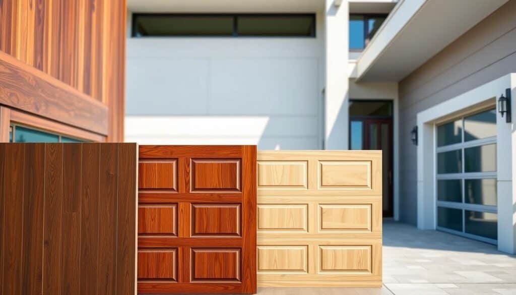 A well-lit, high-resolution photograph showcasing a side-by-side comparison of various residential garage door materials. The foreground features expertly crafted samples of wood, steel, aluminum, and fiberglass garage doors, each highlighted with intricate details and textures. The middle ground presents a clean, modern architectural setting, with a neutral background that allows the materials to take center stage. The image is captured at a slight angle, creating depth and emphasizing the unique characteristics of each material. The overall composition conveys a sense of quality, durability, and the wide range of options available for residential garage door installations. A well-lit, high-resolution photograph showcasing a side-by-side comparison of various residential garage door materials. The foreground features expertly crafted samples of wood, steel, aluminum, and fiberglass garage doors, each highlighted with intricate details and textures. The middle ground presents a clean, modern architectural setting, with a neutral background that allows the materials to take center stage. The image is captured at a slight angle, creating depth and emphasizing the unique characteristics of each material. The overall composition conveys a sense of quality, durability, and the wide range of options available for residential garage door installations.