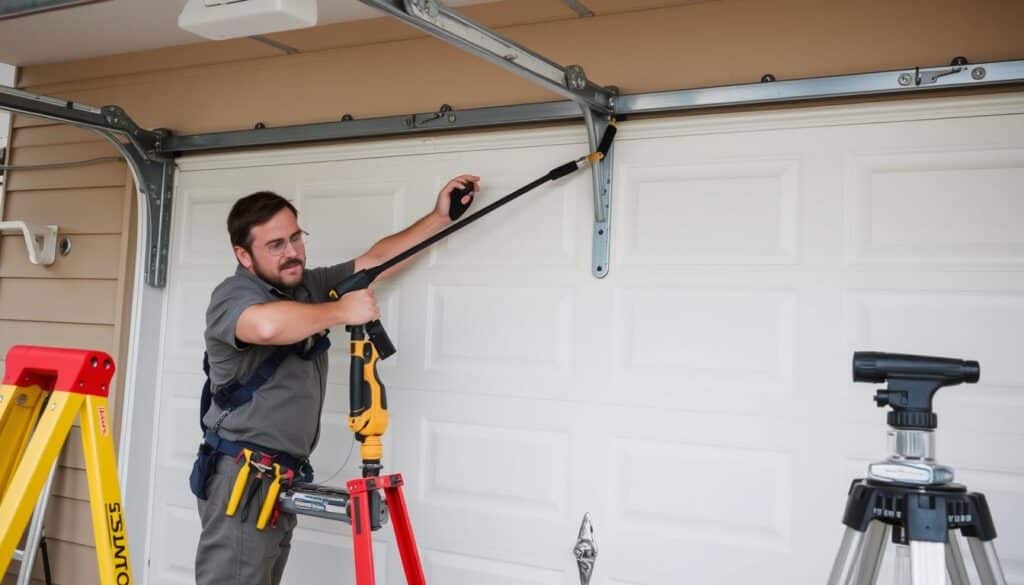 A well-lit, modern garage interior with a focus on various factors that influence garage door installation costs. In the foreground, a detailed cross-section of a garage door, showcasing its mechanical components. The middle ground features a tape measure, a calculator, and samples of different door materials, each with their corresponding price tags. In the background, a collection of tools and equipment used by professional installers, conveying the necessary labor and expertise required. The scene is bathed in warm, natural lighting, creating a sense of professionalism and attention to detail, reflecting the expertise of the article's subject matter. A well-lit, modern garage interior with a focus on various factors that influence garage door installation costs. In the foreground, a detailed cross-section of a garage door, showcasing its mechanical components. The middle ground features a tape measure, a calculator, and samples of different door materials, each with their corresponding price tags. In the background, a collection of tools and equipment used by professional installers, conveying the necessary labor and expertise required. The scene is bathed in warm, natural lighting, creating a sense of professionalism and attention to detail, reflecting the expertise of the article's subject matter.