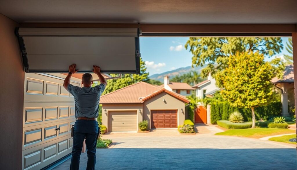 A well-lit, professional garage door installation service in Roodepoort. In the foreground, a team of skilled technicians expertly installing a sleek, modern garage door. The middle ground features a range of garage door styles and materials, showcasing the company's expertise. The background depicts the vibrant, suburban setting of Roodepoort, with lush greenery and well-maintained homes. The lighting is warm and inviting, creating a sense of professionalism and attention to detail. The composition emphasizes the company's dedication to providing high-quality, reliable garage door services tailored to the local community. A well-lit, professional garage door installation service in Roodepoort. In the foreground, a team of skilled technicians expertly installing a sleek, modern garage door. The middle ground features a range of garage door styles and materials, showcasing the company's expertise. The background depicts the vibrant, suburban setting of Roodepoort, with lush greenery and well-maintained homes. The lighting is warm and inviting, creating a sense of professionalism and attention to detail. The composition emphasizes the company's dedication to providing high-quality, reliable garage door services tailored to the local community.