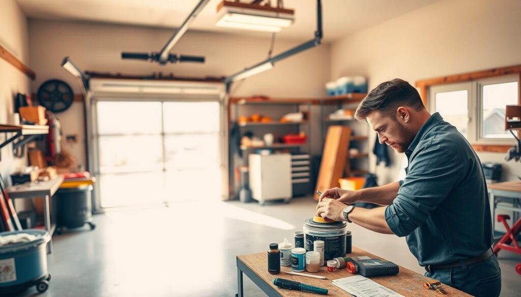 A well-lit, professional garage interior with a focus on a garage door undergoing refurbishment. In the foreground, a skilled technician carefully sanding and refinishing the door's surface. In the middle ground, various refurbishment tools and supplies neatly organized on a workbench. The background features a clean, organized garage space with shelving, equipment, and a view of the exterior through an open garage door, conveying a sense of expertise and high-quality service. The lighting is warm and natural, creating a welcoming atmosphere. The overall scene should visually communicate the professionalism, attention to detail, and quality workmanship of a top-tier garage door refurbishment service. A well-lit, professional garage interior with a focus on a garage door undergoing refurbishment. In the foreground, a skilled technician carefully sanding and refinishing the door's surface. In the middle ground, various refurbishment tools and supplies neatly organized on a workbench. The background features a clean, organized garage space with shelving, equipment, and a view of the exterior through an open garage door, conveying a sense of expertise and high-quality service. The lighting is warm and natural, creating a welcoming atmosphere. The overall scene should visually communicate the professionalism, attention to detail, and quality workmanship of a top-tier garage door refurbishment service.