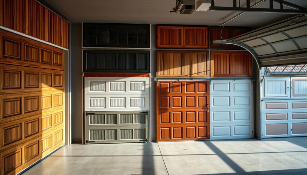 A well-lit residential garage, showcasing a variety of garage door designs and materials, arranged in a grid-like comparison. The foreground features a selection of premium wooden, metal, and glass garage doors, each with distinct textures and finishes. The middle ground includes mid-range options in different colors and styles, while the background depicts more basic, cost-effective alternatives. The lighting is soft and natural, casting subtle shadows that accentuate the depth and dimensionality of the scene. The overall composition conveys a sense of thoughtful curation, allowing the viewer to visually compare and contrast the various garage door choices and their associated price points. A well-lit residential garage, showcasing a variety of garage door designs and materials, arranged in a grid-like comparison. The foreground features a selection of premium wooden, metal, and glass garage doors, each with distinct textures and finishes. The middle ground includes mid-range options in different colors and styles, while the background depicts more basic, cost-effective alternatives. The lighting is soft and natural, casting subtle shadows that accentuate the depth and dimensionality of the scene. The overall composition conveys a sense of thoughtful curation, allowing the viewer to visually compare and contrast the various garage door choices and their associated price points.
